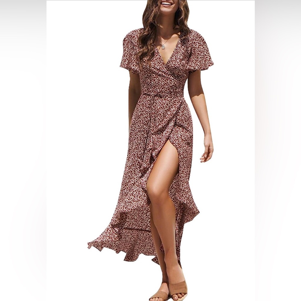 Maroon Spotted Wrap Dress